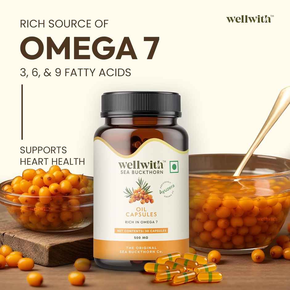 Wellwith Sea Buckthorn Berry Oil Vegan Omega 7 500 mg | Veg HPMC Capsules