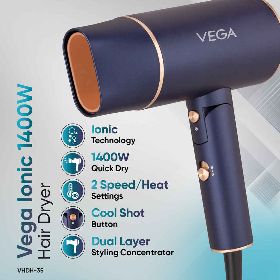 Vega Ionic 1200-1400W Foldable Hair Dryer | 2 Heat & Speed Settings | VHDH-35