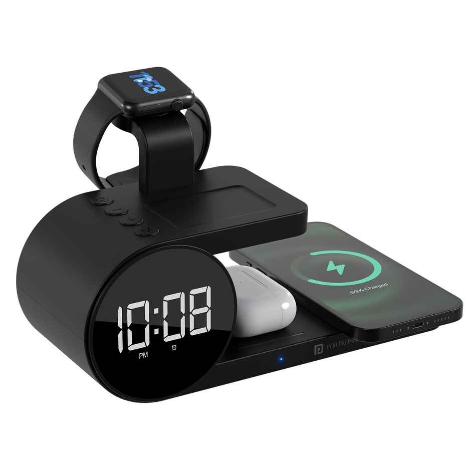 Portronics Freedom 6 15W Wireless Charger with 6-in-1 Function, Earbuds & Watch Wireless Charging, Digital Clock with Alarm, Compatible with iPhones/Samsung Smartphone Series