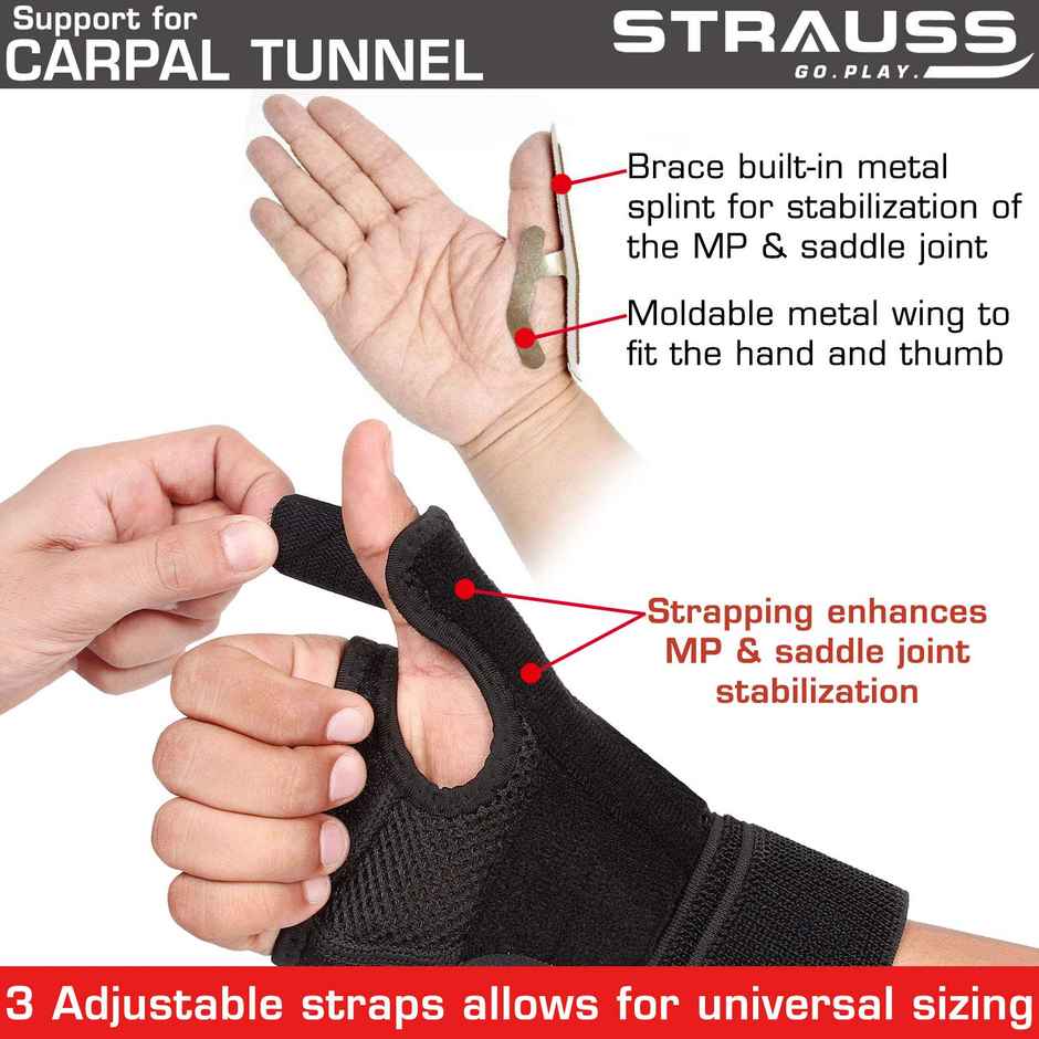 Strauss Thumb Support with Wrist Wrap, Free Size, (Black)