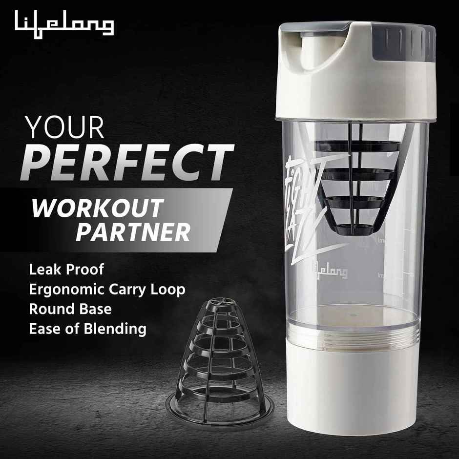 Lifelong Gym Shaker Bottle with Storage Compartment | White | 500 ml