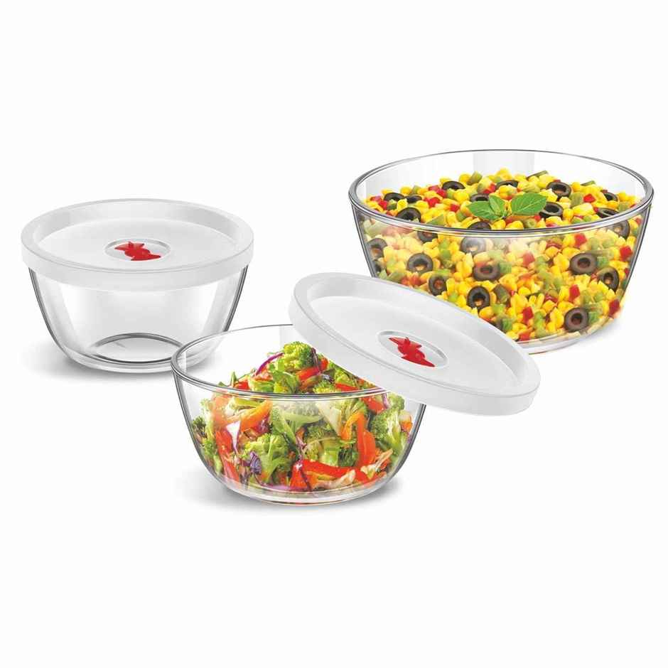 SignoraWare Mixing Borosilicate Glass Bowl Set Of 3 With Lids, 500Ml+1000Ml+1500Ml, 1220Clear