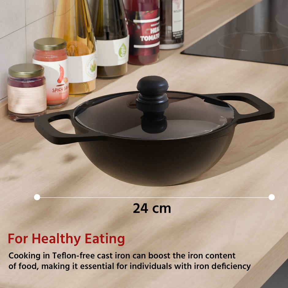 Lifelong Cast Iron Kadhai 24 cm with Glass Lid