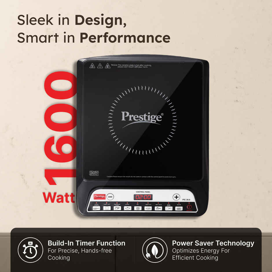 Prestige PIC 20 Induction Cooktop | 1600 W | 4 kV Surge Protection | Soft Touch Button | Easy to Clean | Black