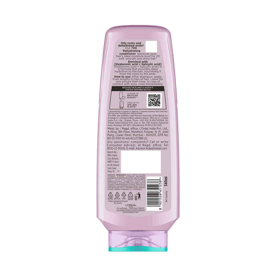 L'Oreal Paris Hyaluron Pure 72H Rehydrating Conditioner For Smooth Tangle - Free Hair