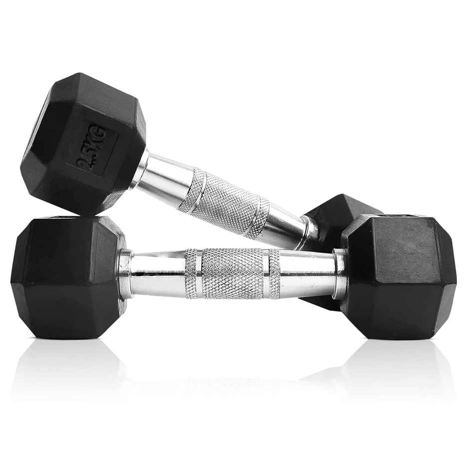 Slovic Hex Rubber Coated Dumbbell Set (2.5 kg X 2) | Black | Home Gym | Non-Slip Coated Handle