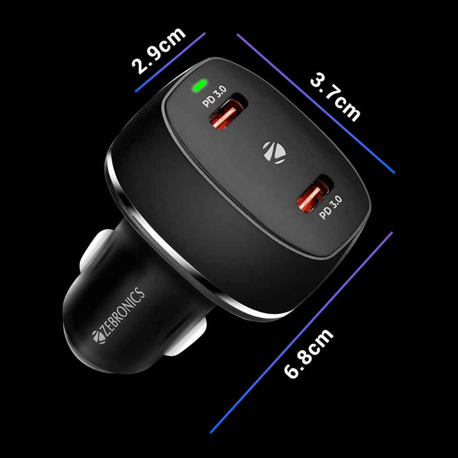 Zebronics CC60 Car Charger with 60 Watts Rapid Charge, Dual Type C Pd Ports, Compact Design, Built in Protections, Led Indicator for Smartphones - Black