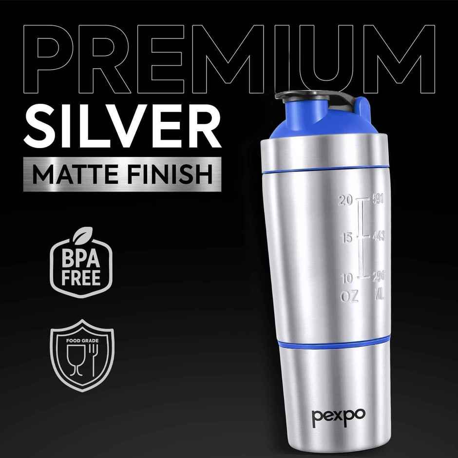 Go24 | Pexpo Kinetic Stainless Steel Gym Sipper with Extra Compartment | Blue & Steel | 850 ml