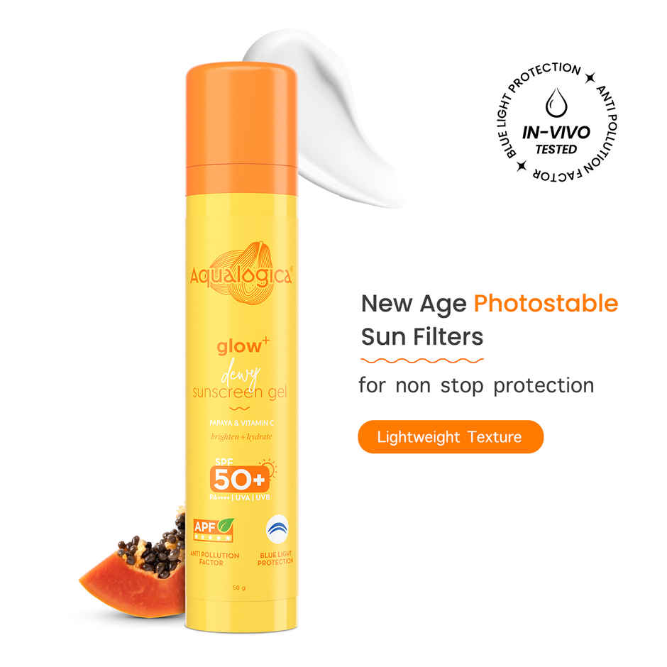 Aqualogica Glow+ Dewy Sunscreen SPF 50+ PA++++ with Anti Pollution Factor (APF) | Papaya & Vitamin C