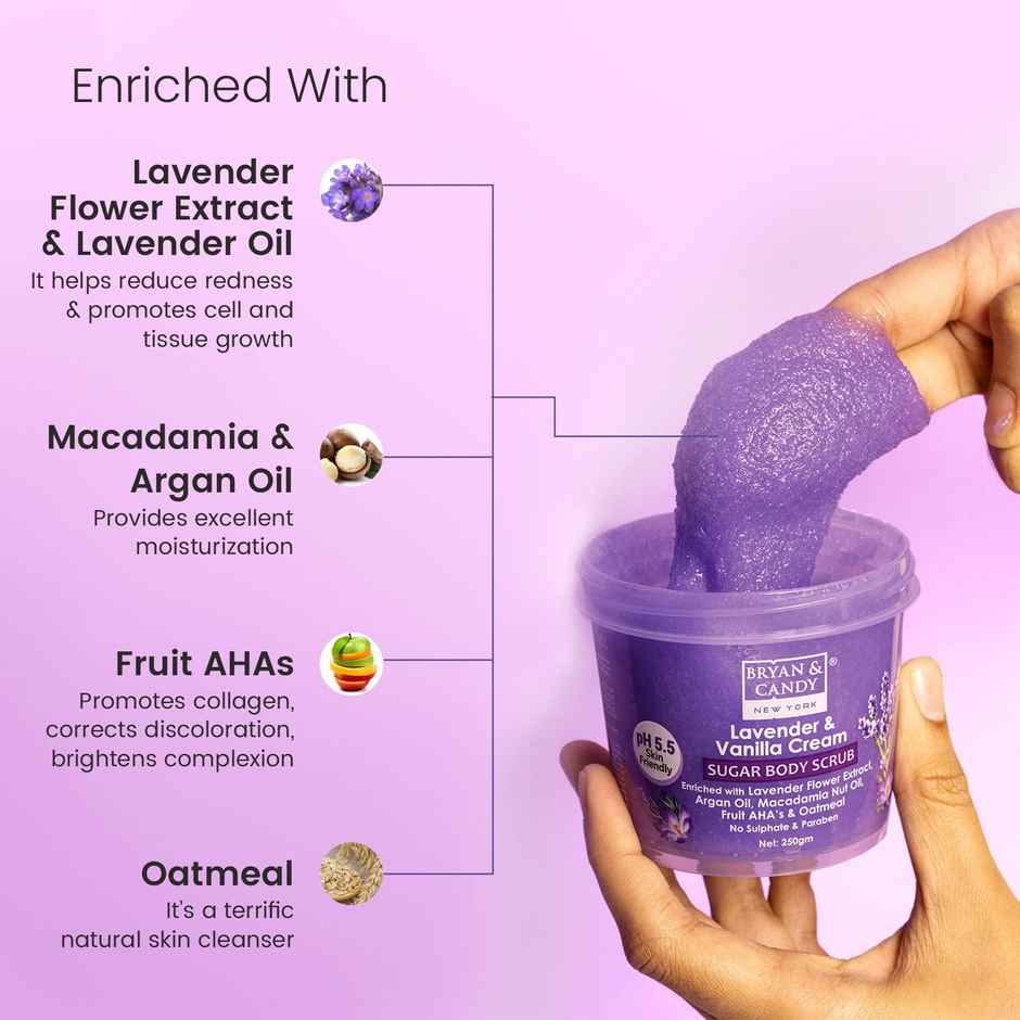 Bryan & Candy Sugar Body Scrub Ph 5.5 For Tan Removal And Exfoliation | Lavender - Vanilla Cream