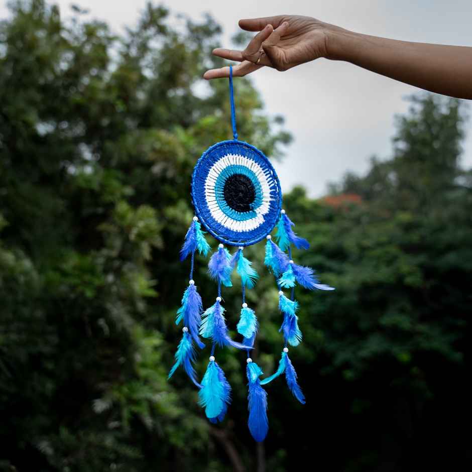 Urbanfix Evil Eye Dream Catcher for Bedroom, Car & Home Decor | Wall Hanging Wind Chime Blue