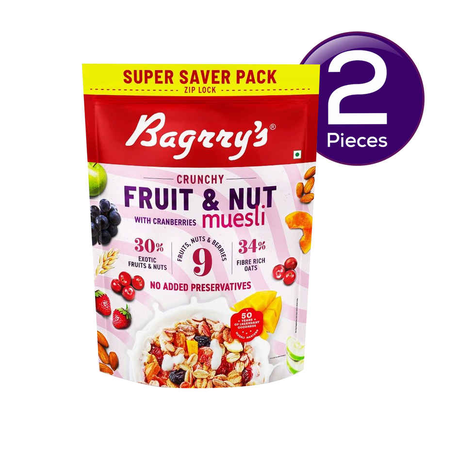 Bagrry's Crunchy Muesli 30% Fruit & Nut with Cranberries | 34% Rich Fibre Oats Combo
