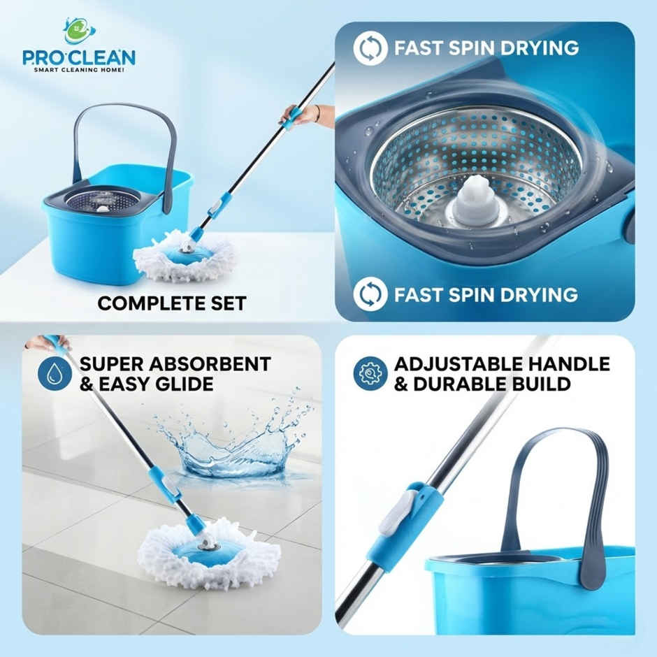 Proclean Elegant Bucket Spin Mop | With Telescopic Rod - 19-22 mm | With 2 Microfiber Mop