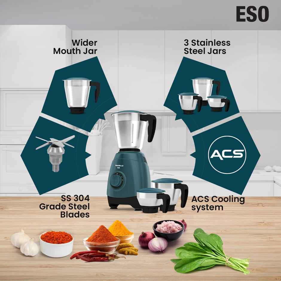 Havells Eso Mixer Grinder | 750 W | 3 Jars | 21K Rpm | Ss Jars With Handle - Teal & Black