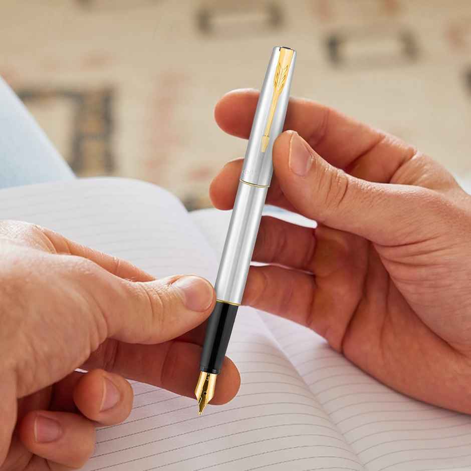 Parker Frontier Stainless Steel Gold Trim Fountain Pen | Corporate Gift |Ideal For Professional Use