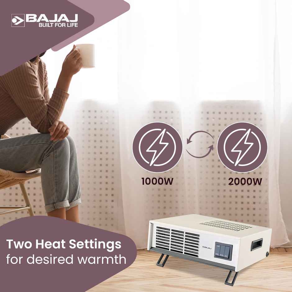 Bajaj Blow Hot Portable Room Heater,2 Heat Settings-1000 Watt/ 2000 Watt|White