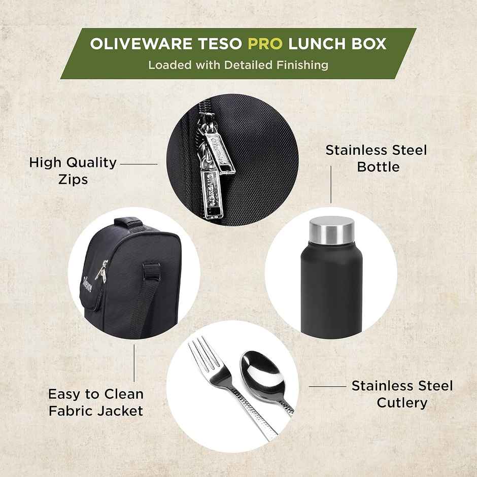 Oliveware Teso Pro Lunch Box With Steel Cutlery - Black