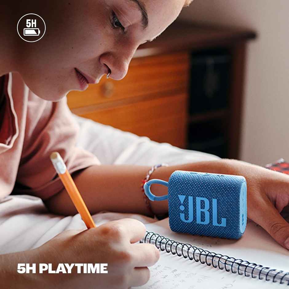 JBL Go 3 Eco with eco-Friendly Recycled Materials and Packaging, Without Mic, Wireless Portable Bluetooth Speaker, Pro Sound, Vibrant Colors with Rugged Fabric Design, Waterproof, Type C - Blue
