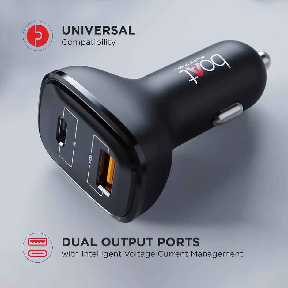 boAt Dual Port Qc-Pd 24W Fast Car Charger with 24W Fast Pd Charging & 18W Qc Charging Compatible with All Smartphones, Tablets & Laptops (Free Type C to Type C Cable) - Black