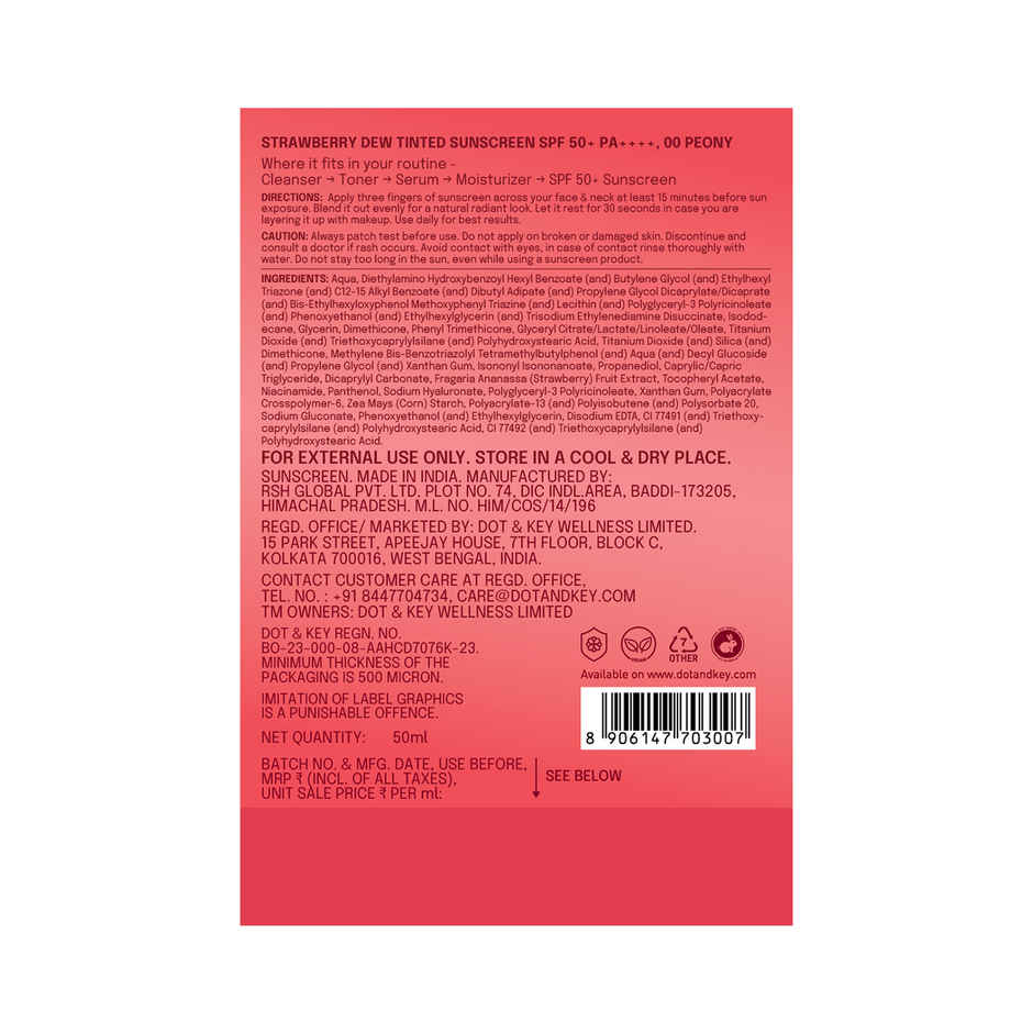 Dot & Key Strawberry Dew Tinted Sunscreen | In-Vivo Tested SPF 50+ PA++++ | 00 Peony