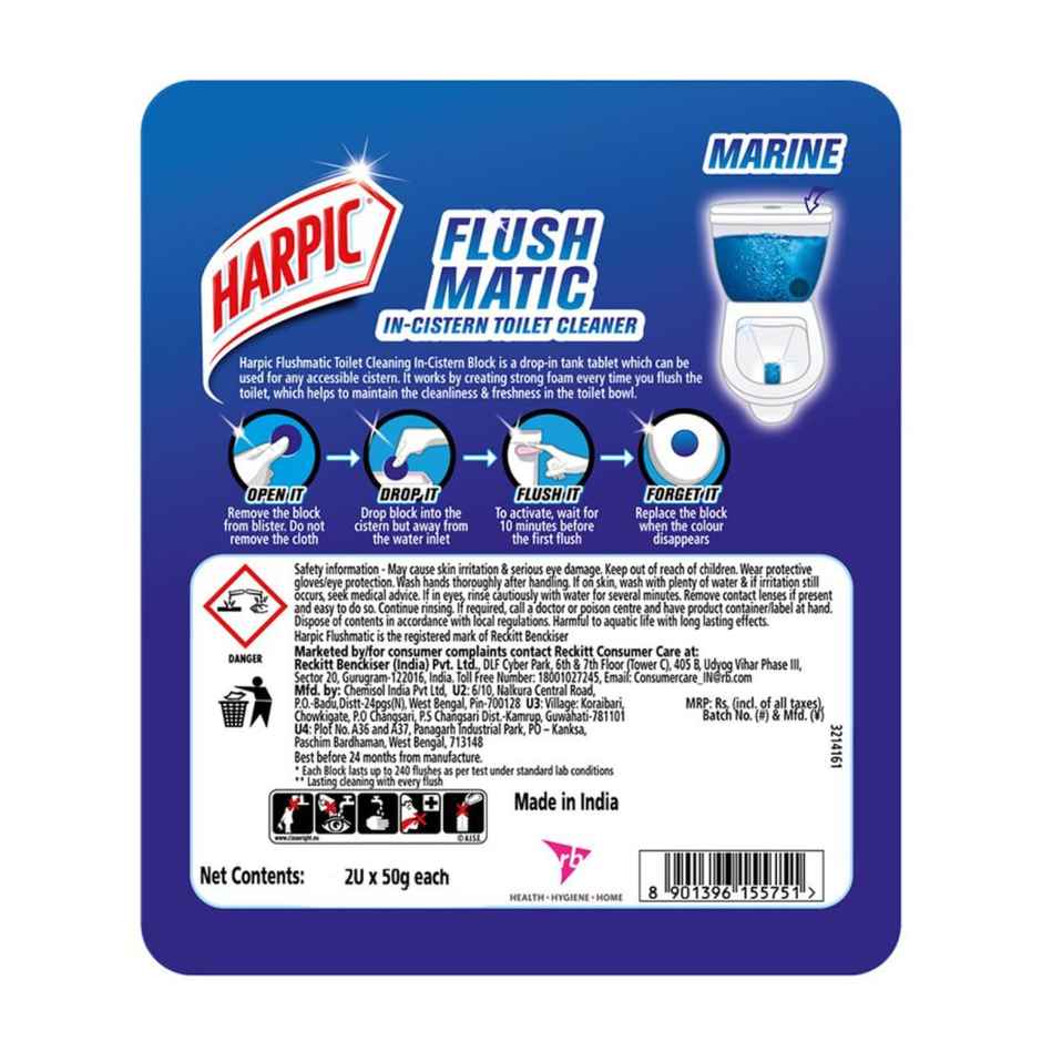 Harpic Disinfectant Toilet Cleaner Liquid Original 1 L(1l) & Harpic Flushmatic In-Cistern Toilet Cleaner Blocks Marine 100 Gram(100gms) Combo