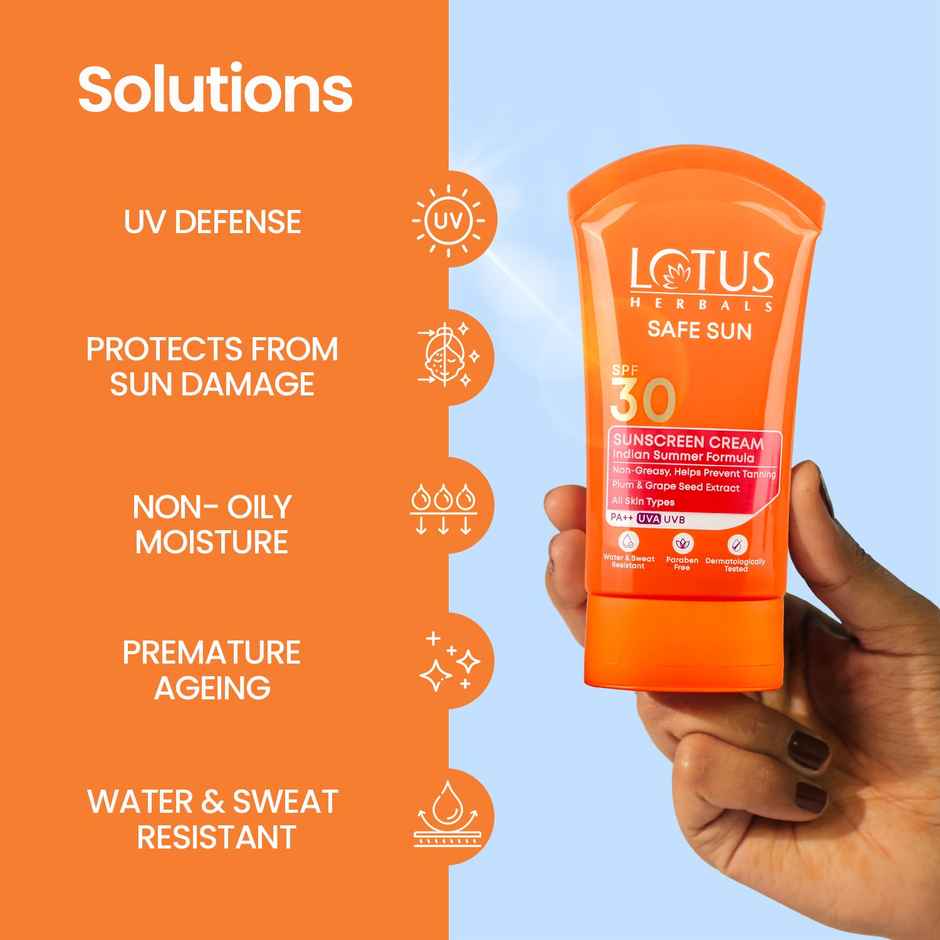Lotus Herbals Safe Sun Sunscreen Cream Indian Summer Formula SPF 30 PA++ Non-Greasy Sweat & Water Resistant