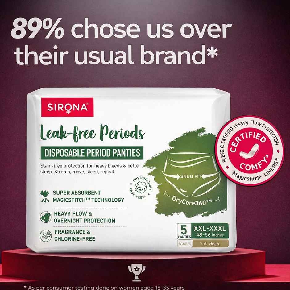 Sirona Disposable Period Panties 2XL-3XL, 5x More Absorption, 100% Rash Free, Leak-Proof Combo