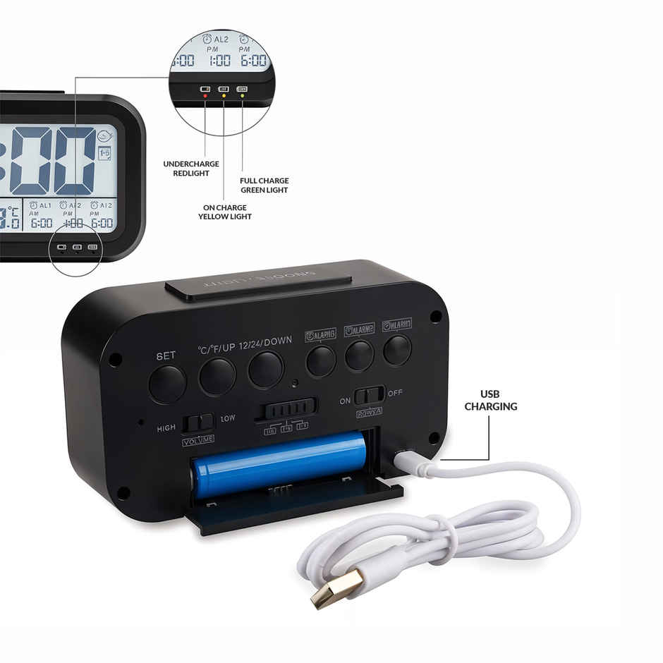 Urbanfix Bulfyss USB Rechargeable Digital Alarm Clock, Date, Temperature, Backlight LCD Display
