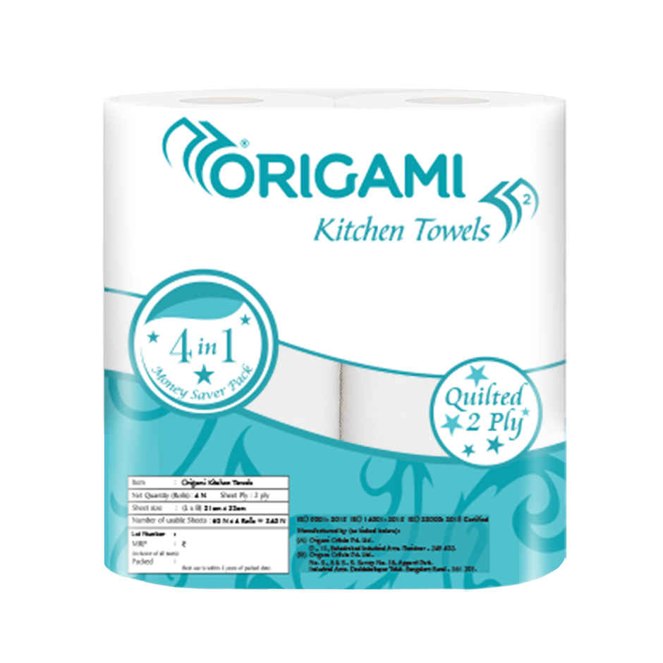 Origami 4 in 1 Kitchen Tissue Roll | 2 ply | 60 Pulls Per Roll | Pack of 4