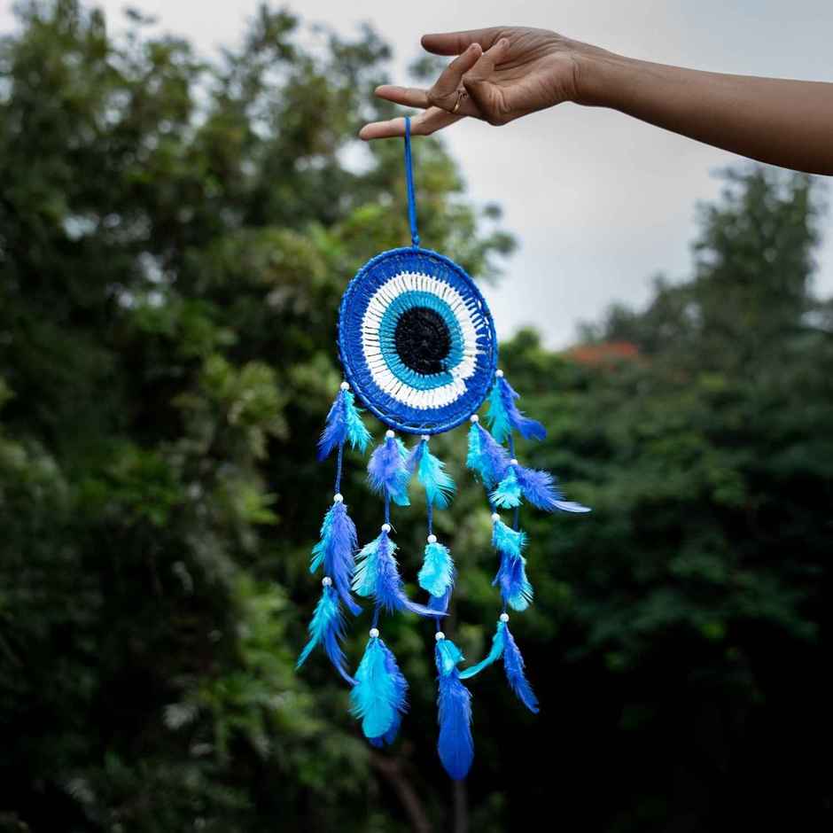 Urbanfix Evil Eye Dream Catcher for Bedroom, Car & Home Decor | Wall Hanging Wind Chime Blue