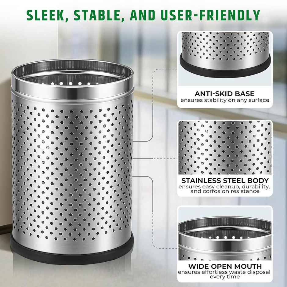 Robustt Stainless Steel Dustbin - 10 L | Silver