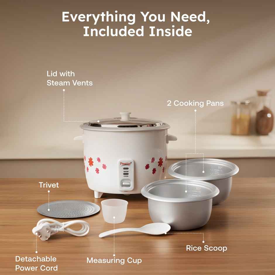 Prestige 1.8L Delight Electric Rice Cooker, 700 Watts, Cool Touch Handles, 1Y Warranty, White & Grey