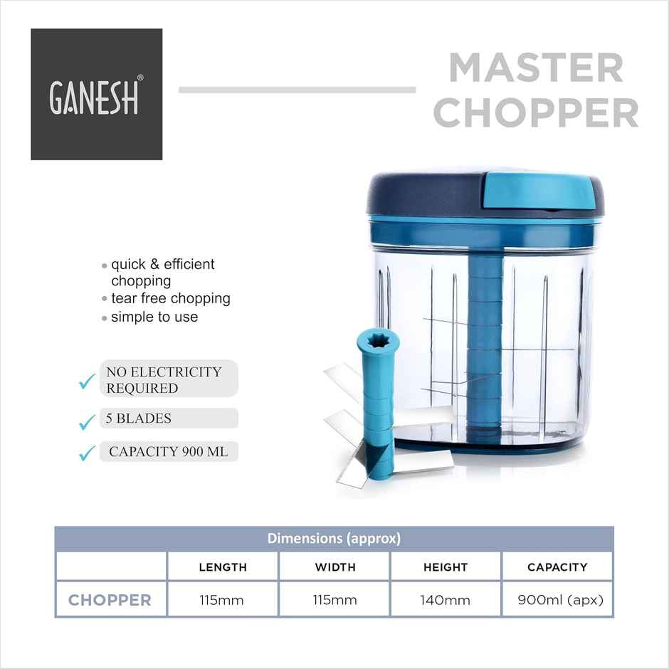 Ganesh Multipurpose Plastic Vegetable Master Chopper With 5 Blades (900 ml) - Color May Vary