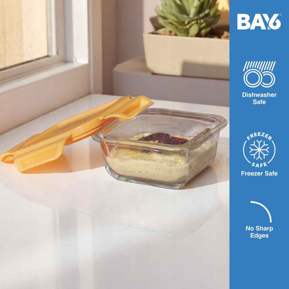 BAY6 Premium Imported Borosilicate Glass Container with Lid 150 ml - Square - Yellow