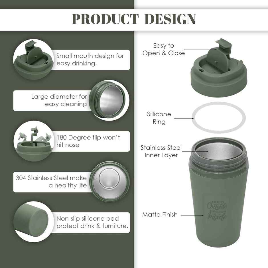 Jaypee ZIPSIP PU Insulated Stainless Steel Coffee Tumbler | Hot & Cold | Green | 385 ml