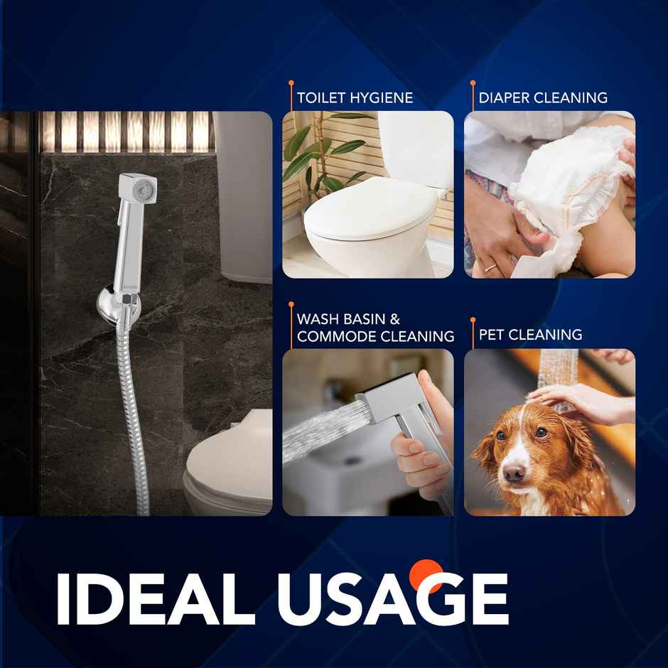 Lorazzo Quad Health Faucet | Stainless Steel | Chrome | 1 meter Hose pipe | Wall Hook