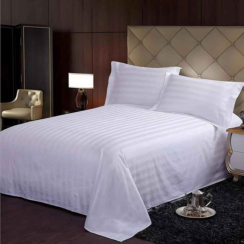 Kuber Industries Cotton & Satin Stripes Double Bedsheet with 2 Pillow Covers|254 x 228 Cm|White
