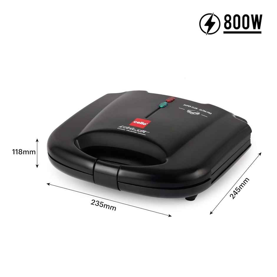 Cello Super Club Ultra Pro 800W Grill Sandwich Toaster with Fixed Grill Plates, Black, Heat Resistant Bakelite Body, Non-Stick Coating, Power Indicators - Black