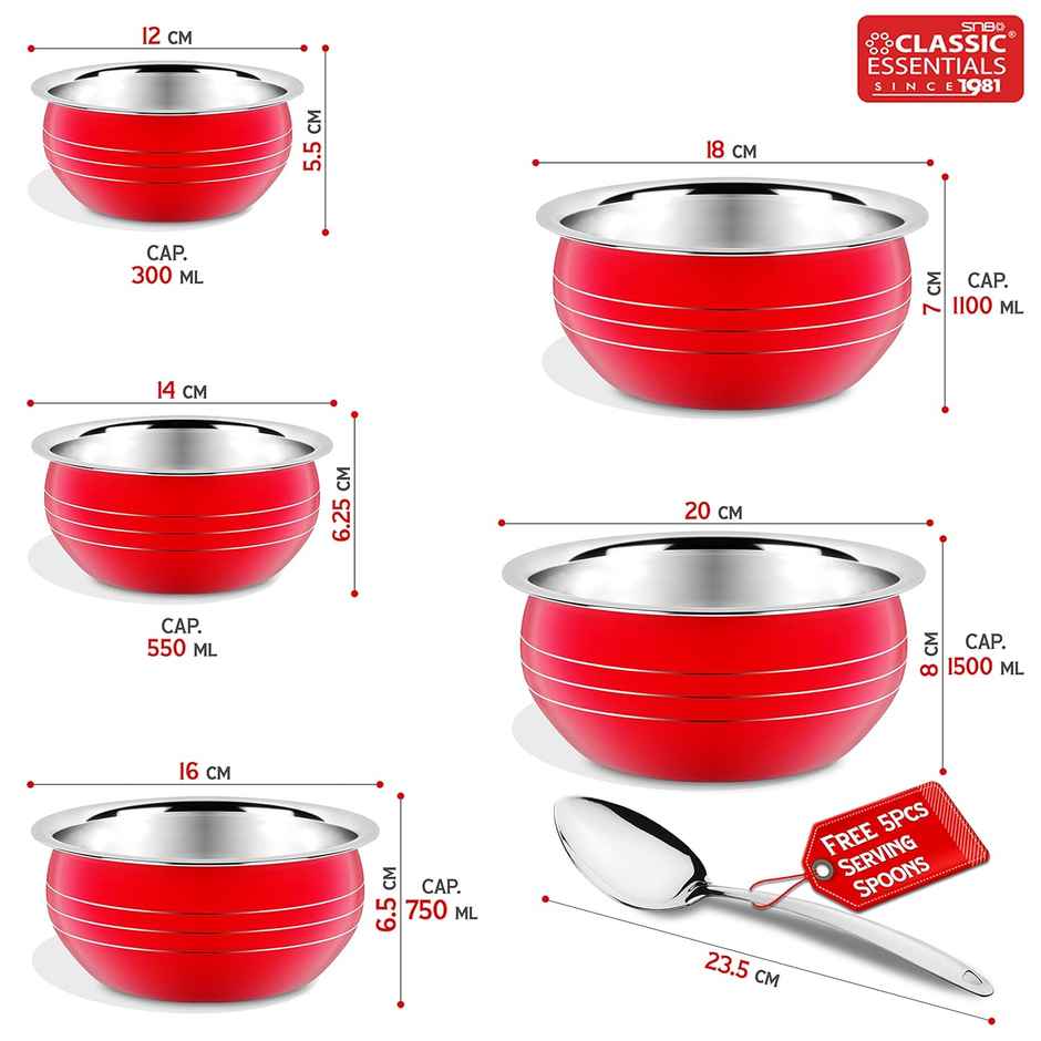 Classic Essentials Induction Friendly Stainless Steel Serving Handi Set Red 10 Piece