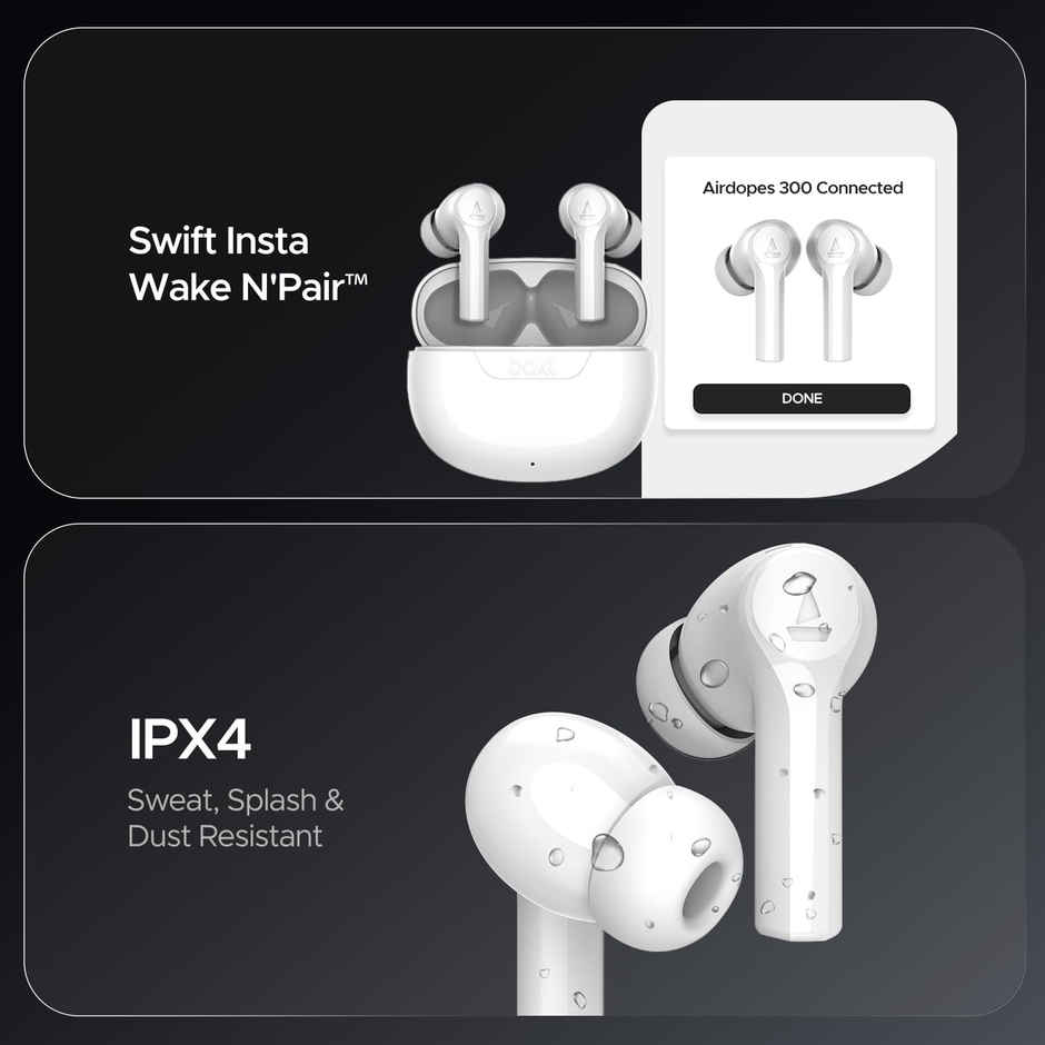 boAt Airdopes 300 TWS in Ear Earbuds with mic Cinematic Spatial Audio, 50HRS Battery, 4Mic AI ENx, Fast Charge, App Support, Low Latency, IPX4, v5.3 Bluetooth - Chrome White