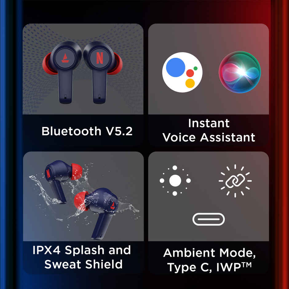 boAt Airdopes 411ANC Netflix Edition with Active Noise Cancellation & 20 HRS Playback(Blue