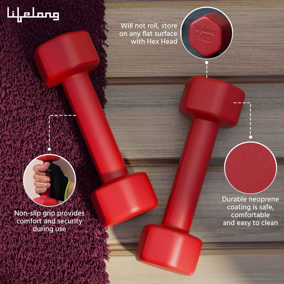Lifelong Dumbbells Set For Home Gym Fixed Dumbbell Set Exercise Neoprene Gym Dumbbells Red 2 x 2Kg