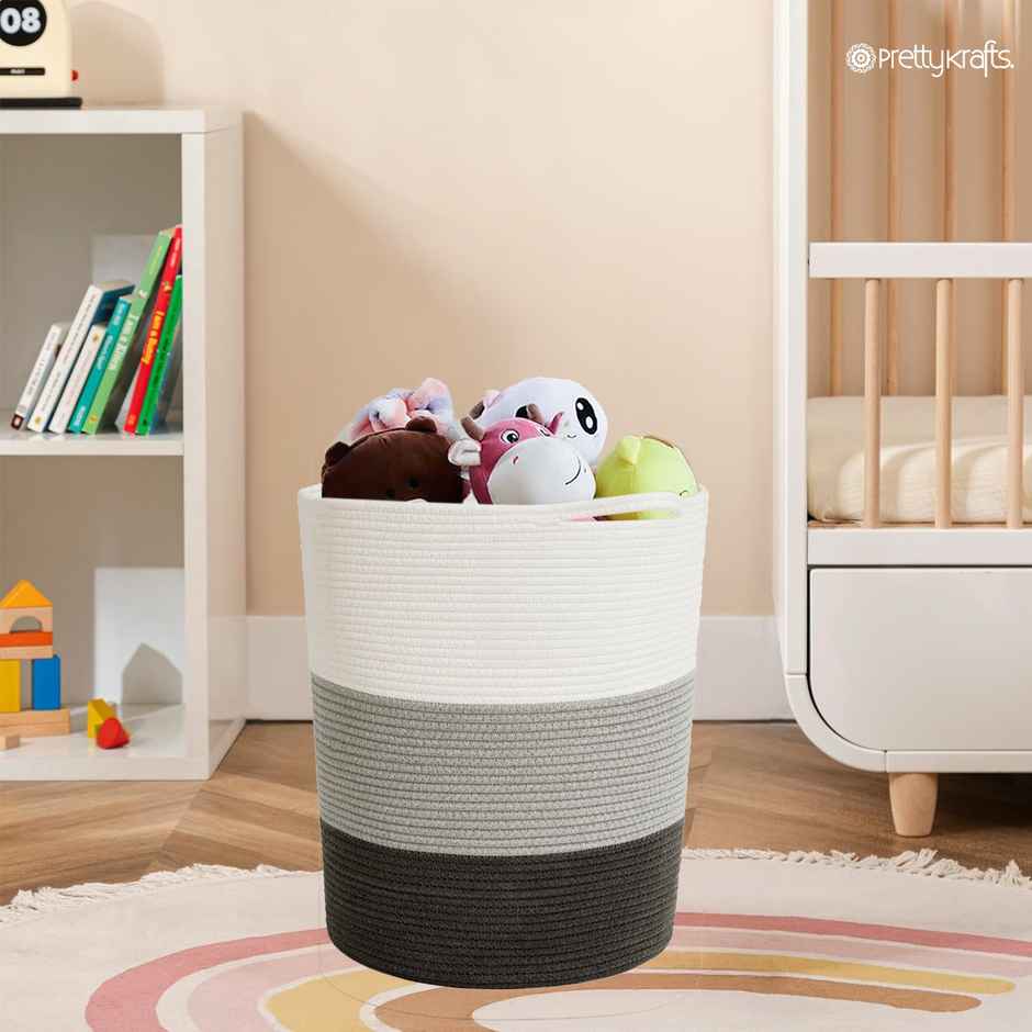 PrettyKrafts Jute Rope Basket | Organizer for Laundry, Gifts & Planters - White, Grey & Black