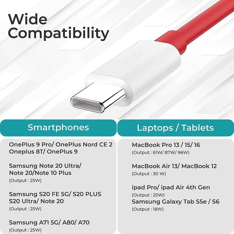 Sounce 65W Oneplus Charge Cable,6.5A USB Type-C To Type C Compatible With One Plus 8T/9/9R/9Pro/9Rt/10RNord & For All Type C Device Red,1 Meter