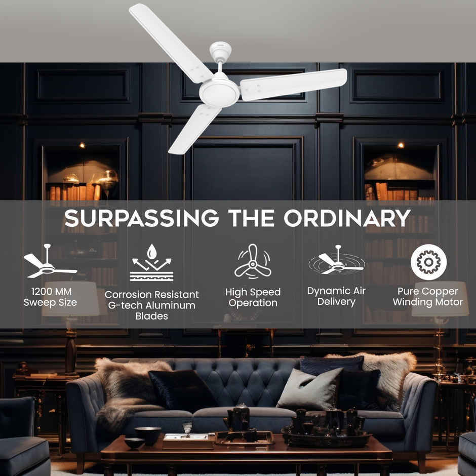 Polycab Nippy Ceiling Fan, 1200mm, Star Rated, 100% Copper, Rust-Proof Blades, Matt White