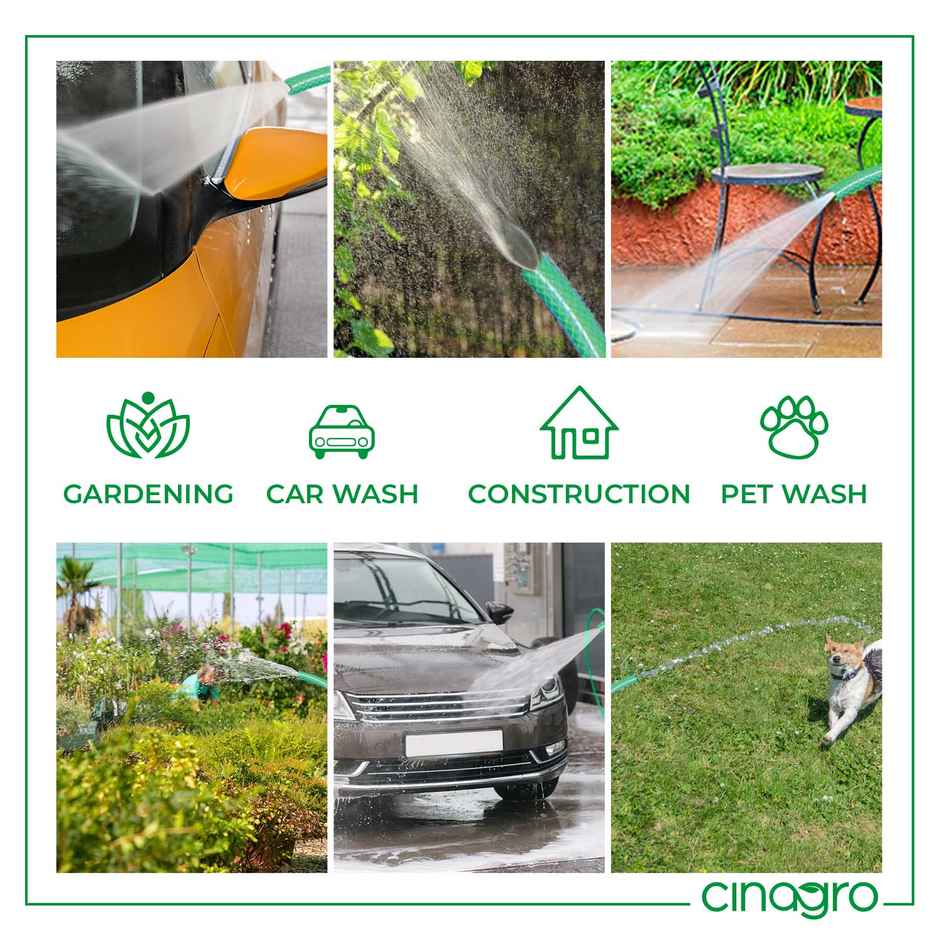 Cinagro Braided Hose Pipe with Tap Adapter & 3 Clamps | 10 m - Green (For Gardening, Car Washing)