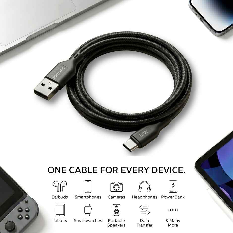 Philips 18W USB A to Type C Fast Charging Cable | DLC4130AB94 | Dark Slate | 1 m