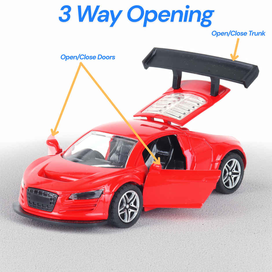 Race n Roll Premium Die-Cast Car | 3-Way Opening | Pull-Back Action | Aud Red