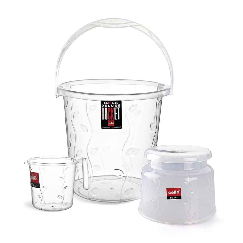 Cello Petal Bathroom Set | Bucket, Bath Mug & Bath Stool | Transparent | Set of 3