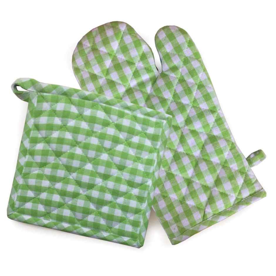 Lushomes Oven Gloves and Pot Holder - Green Checks | Pot Holder 8 x 8 inch | Gloves 7 x 13 inch